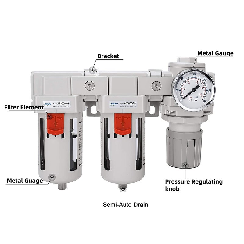 NANPU DFR-04 1/2" NPT Air Drying System - Double Air Filters, Air Pressure Regulator Combo - Semi-Auto Drain, Poly Bowl - Image 3